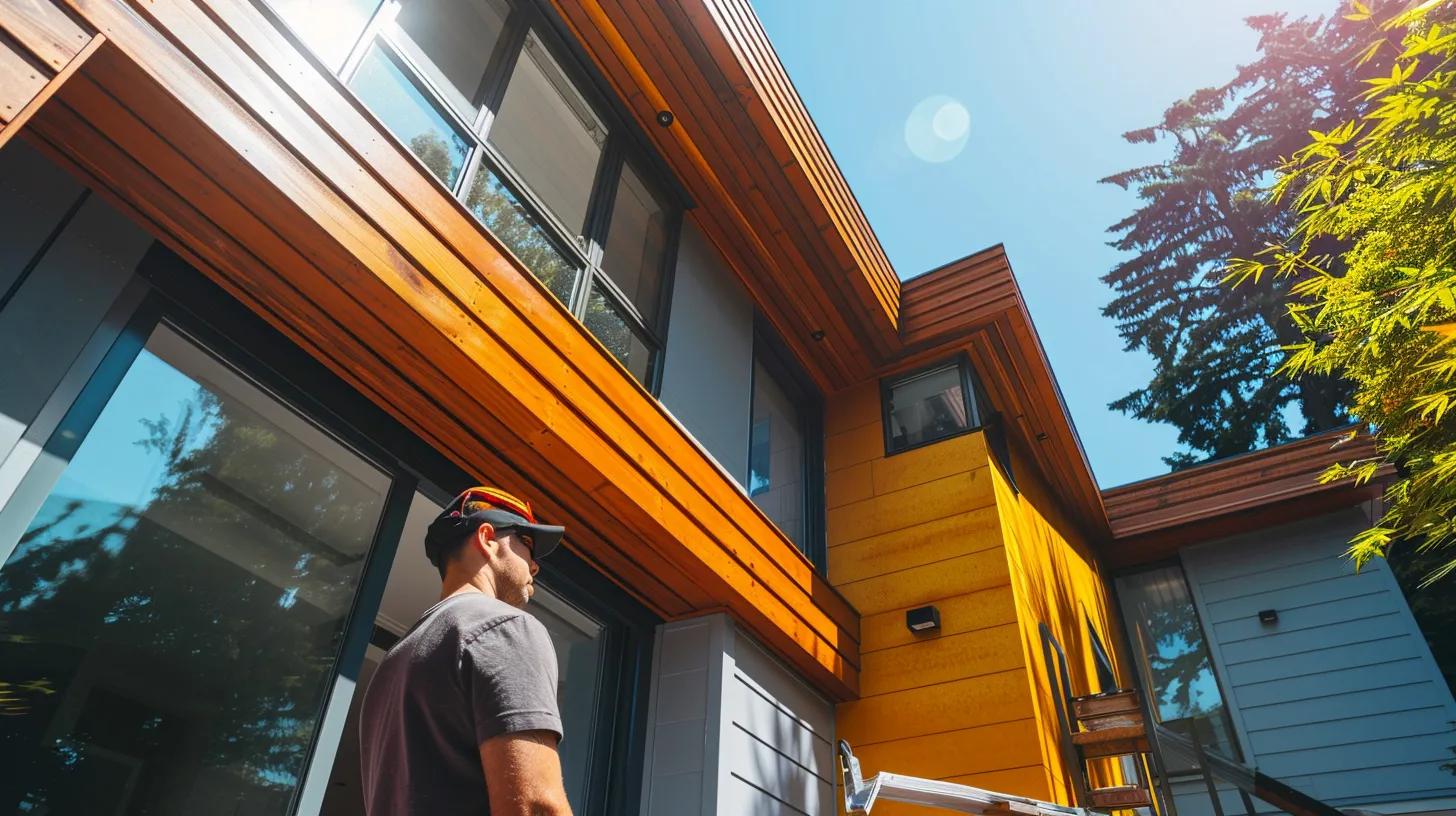 a professional siding contractor inspects a pristine urban home in hamilton, showcasing vibrant new siding materials against a sleek, modern architectural backdrop, emphasizing the meticulous process of siding replacement in a polished office-like setting.