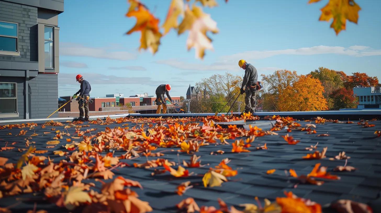 a detailed view of a modern burlington rooftop adorned with scattered autumn leaves, showcasing professionals inspecting the roof with tools and equipment set against a backdrop of a clear blue sky and urban architecture.