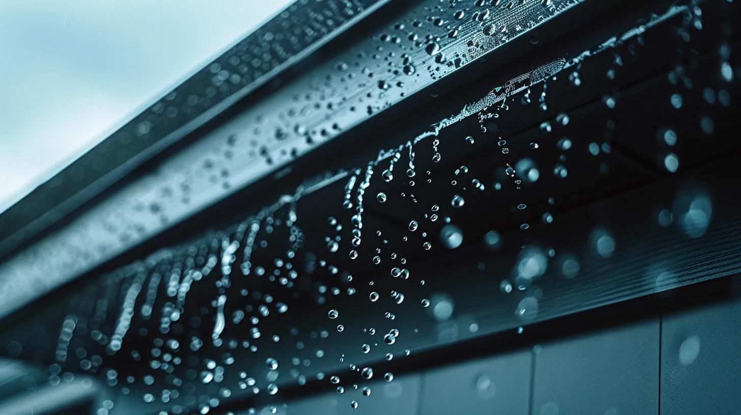 a dramatic low-angle shot of a modern brantford home highlighting sleek, newly installed aluminum eavestroughs glistening with fresh rain droplets, set against a softly blurred background, embodying expert craftsmanship and reliability.