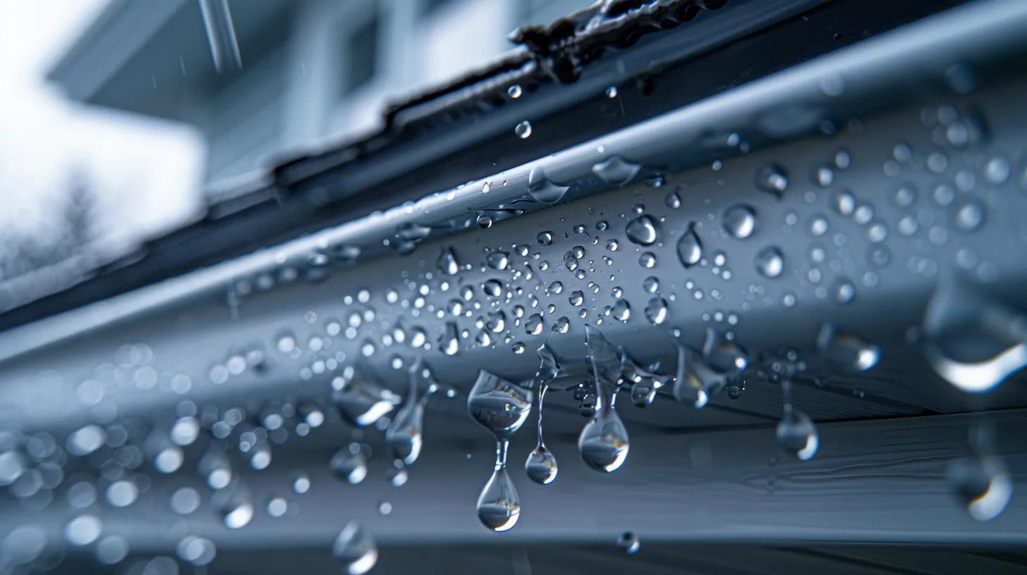 a dynamic low-angle view of a modern brantford home featuring gleaming new aluminum eavestroughs glistening with subtle rain droplets, set against a soft-focus background, evoking a sense of expert craftsmanship and reliability.