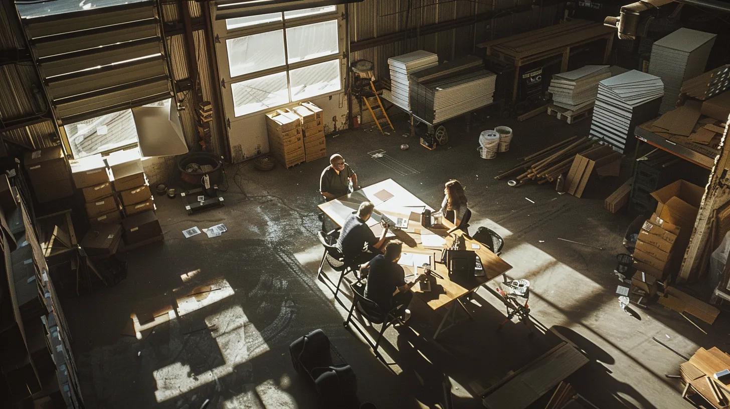 a dynamic office setting showcases a group of professionals engaged in a lively discussion around a table scattered with roofing materials, emphasizing the strong logistics and collaborative spirit of local hamilton suppliers.