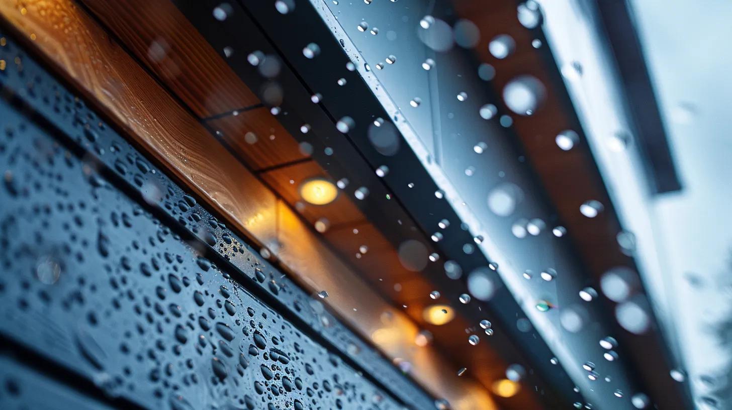 a low-angle view captures gleaming new aluminum eavestroughs on a modern ontario home in brantford, accented by soft rain droplets, with a crisp foreground and a subtly blurred backdrop, conveying a mood of reliable craftsmanship and expertise.