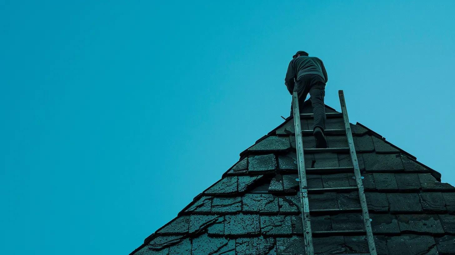 a professional roofer inspects a burlington home’s weathered roof under bright artificial lights, focusing on cracked shingles while standing on a sturdy ladder amidst a clear blue sky backdrop.