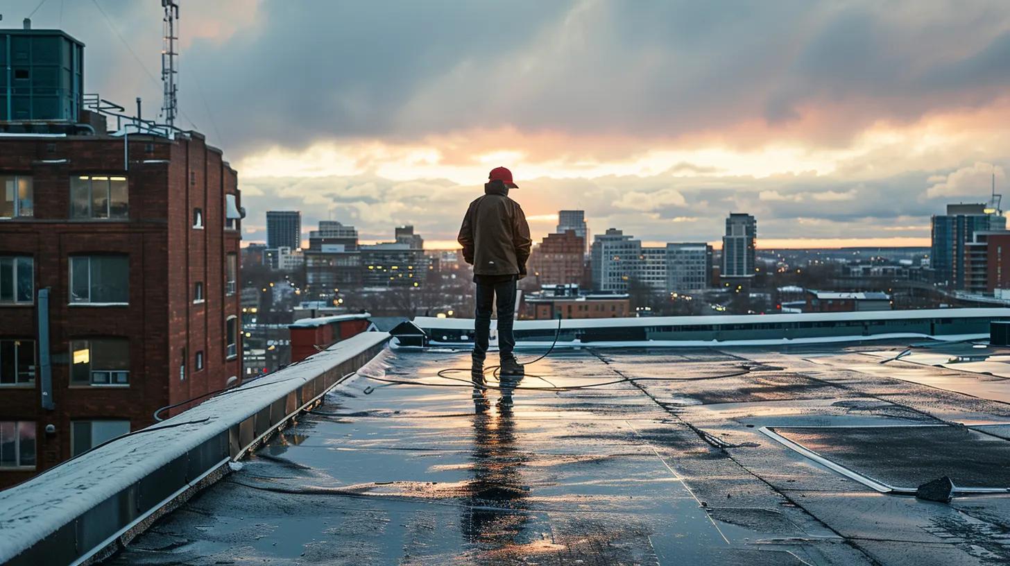 a sharply focused urban scene showcases a professional inspecting a robust, well-maintained roof against the backdrop of burlington's skyline, highlighting the importance of year-round roof protection amidst changing weather conditions.