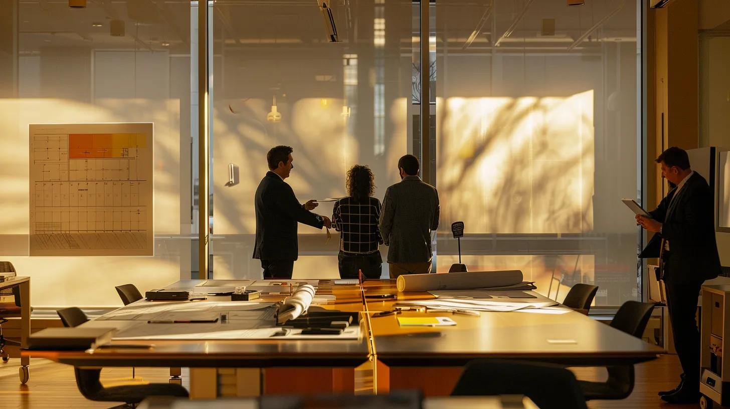 a sleek, modern office meeting room in hamilton showcases a diverse group of professionals analyzing roofing material samples and discussing supplementary offerings, with blueprints and digital tablets displayed prominently on a polished conference table.